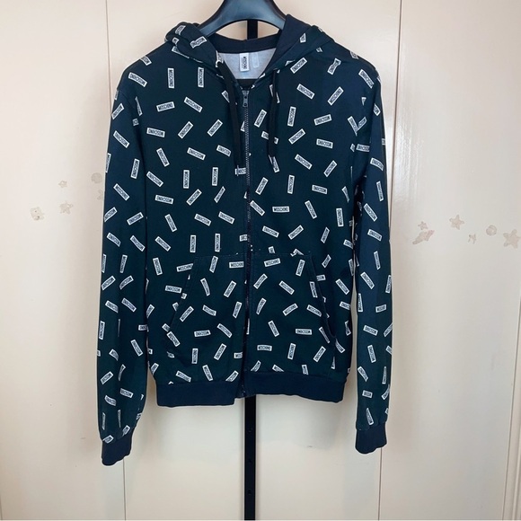 Authentic Moschino Repeat Logo Print Zip Up Hoodie Black